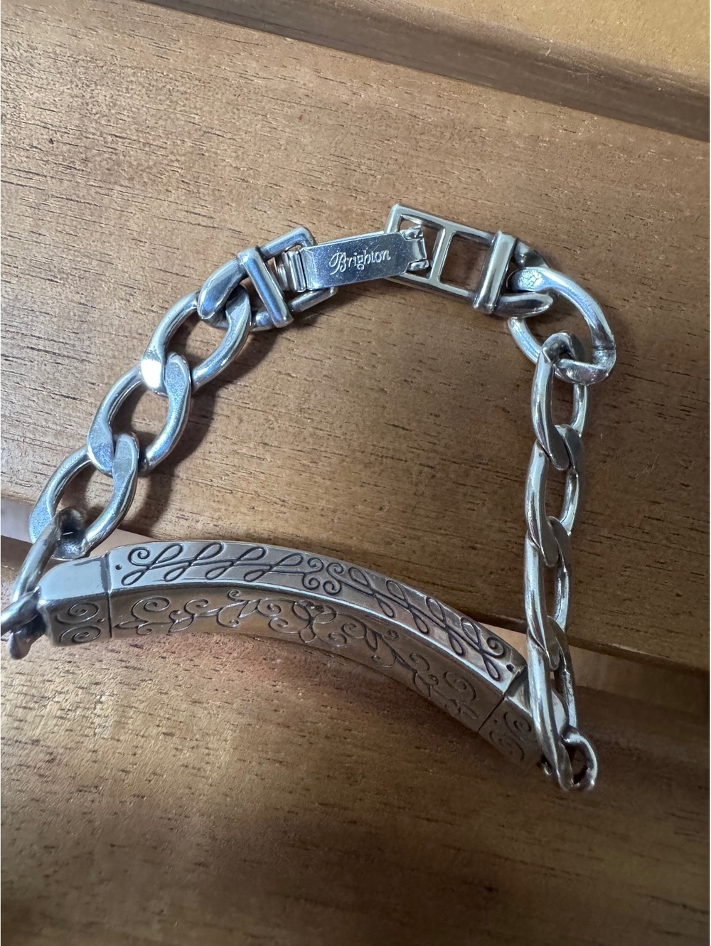 Brighton Faith Hope Grace Engraved Silver Heavy Link ID Bracelet Scrollwork